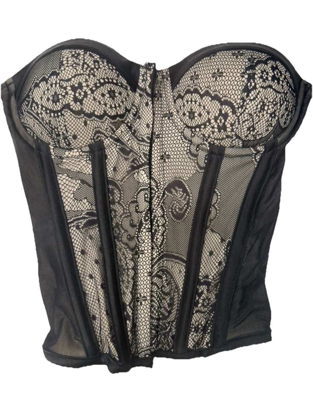 Charlotte Russe Sz S Black/Beige Overbust Strapless Boned Lace Bustier NEW READ